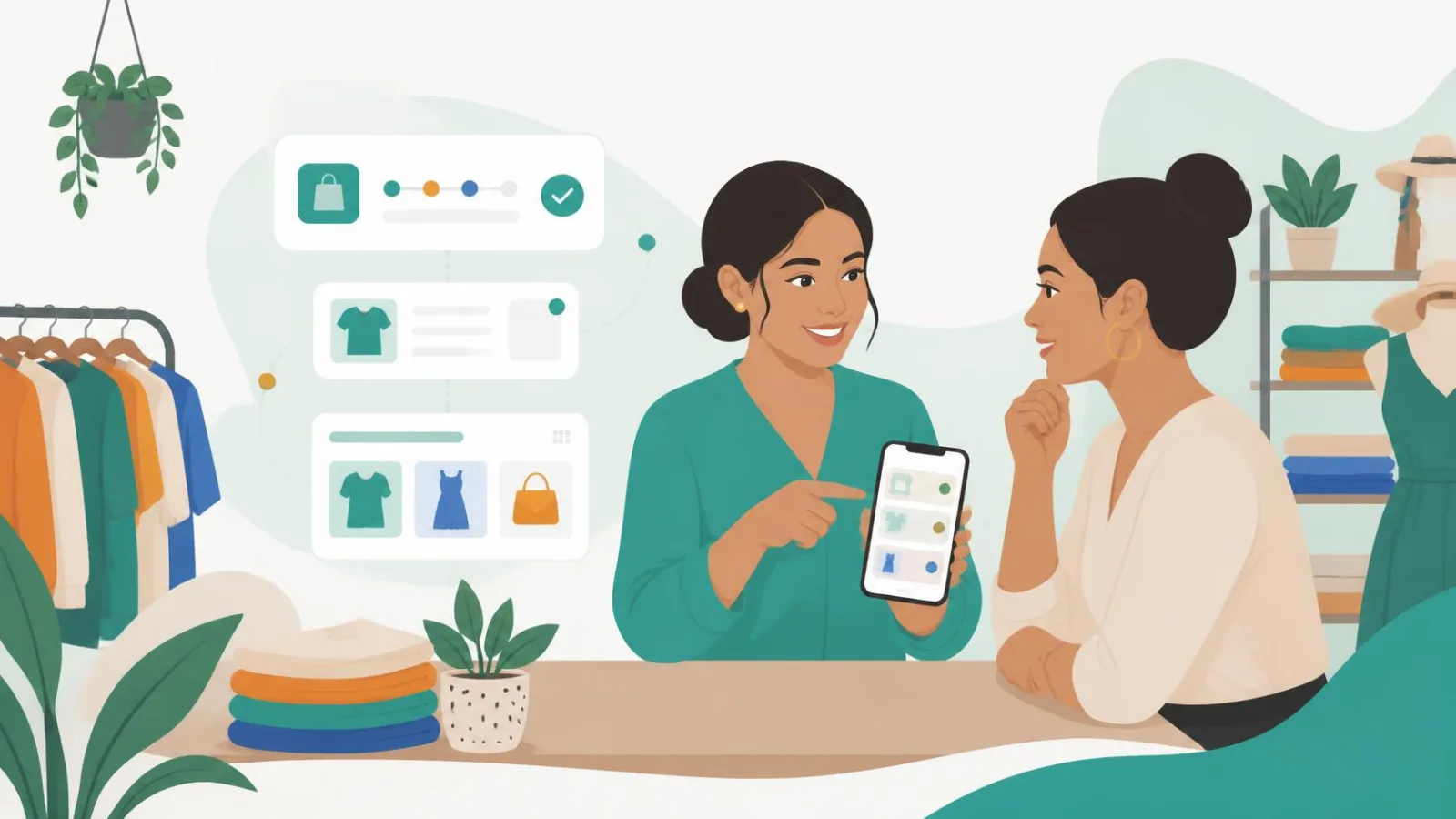 Ilustración plana de Andrea haciendo una demostración de TopoApp en el celular de la dueña de una tienda de ropa, mostrando un pedido y un catálogo